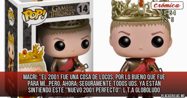 Placas Rojas - MACRI: ''EL 2001 FUE UNA COSA DE LOCOS, POR LO BUENO QUE FUE PARA MÍ...PERO, AHORA, SEGURAMENTE TODOS UDS. YA ESTÁN SINTIENDO ESTE ''NUEVO 2001 PERFECTO''. L.T.A GLOBOLUDO