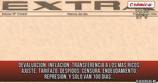 Placas Rojas - Devaluación, inflación, transferencia a los más ricos, ajuste, tarifazo, despidos, censura, endeudamiento, represión. Y sólo van 100 días...