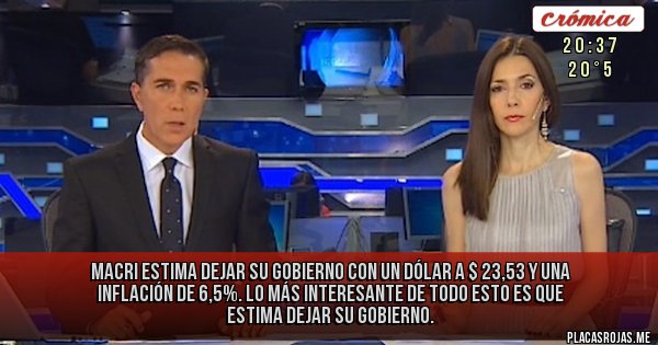 Placas Rojas - 
Macri estima dejar su gobierno con un dólar a $ 23,53 y una inflación de 6,5%. Lo más interesante de todo esto es que estima dejar su gobierno.