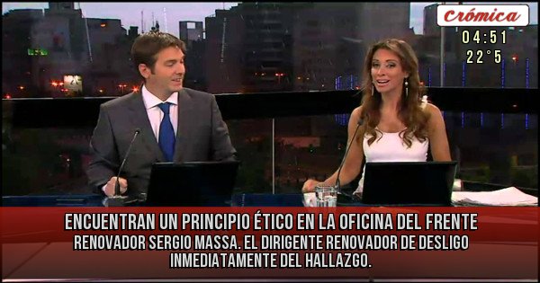 Placas Rojas - Encuentran un principio ético en la oficina del Frente Renovador Sergio Massa.
El dirigente renovador de desligo inmediatamente del hallazgo.