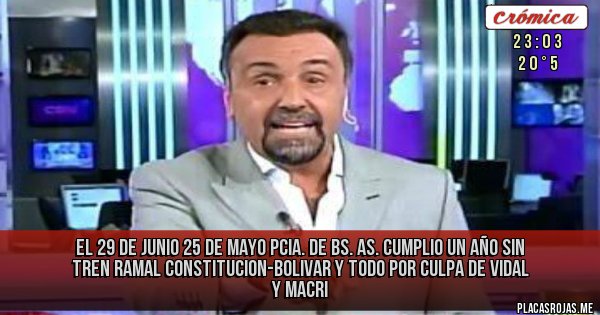 Placas Rojas - El 29 de junio 25 de Mayo Pcia. de Bs. As. cumplio un año sin tren Ramal Constitucion-Bolivar y todo por CULPA de VIDAL y MACRI