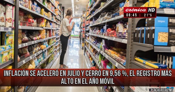 Placas Rojas - INFLACIÓN SE ACELERÓ EN JULIO Y CERRÓ EN 9,56 %, EL REGISTRO MÁS ALTO EN EL AÑO MÓVIL