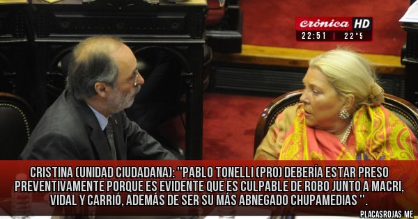 Placas Rojas - Cristina (Unidad Ciudadana): ''Pablo Tonelli (PRO) debería estar preso preventivamente porque es evidente que es culpable de robo junto a macri, vidal y carrió, además de ser su más abnegado chupamedias ''.