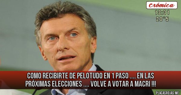 Placas Rojas - Como recibirte de pelotudo en 1 paso .... 

En las próximas elecciones ....  volve a votar a Macri !!!