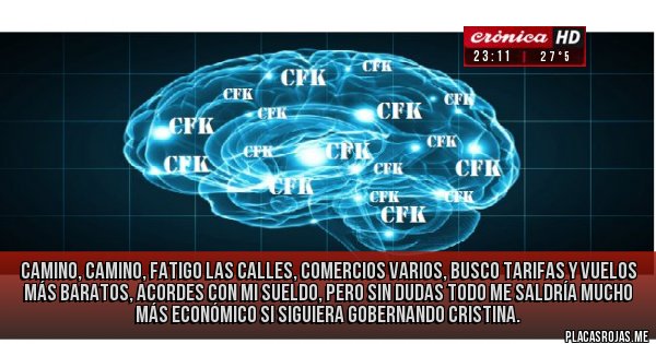 Placas Rojas - camino, camino, fatigo las calles, comercios varios, busco tarifas y vuelos más baratos, acordes con mi sueldo, pero sin dudas todo me saldría mucho más económico si siguiera gobernando Cristina.