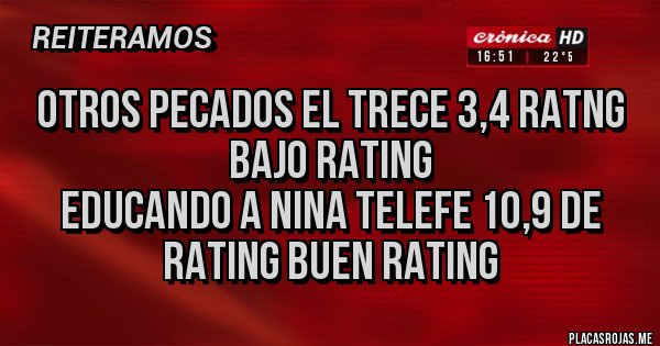 Placas Rojas - otros pecados el trece 3,4 ratng bajo rating
educando a nina telefe 10,9 de rating buen rating