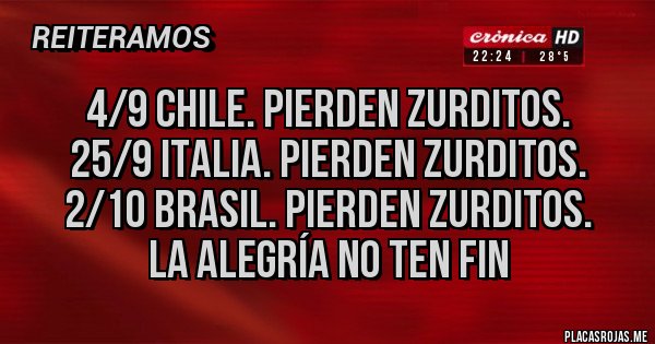 Placas Rojas - 4/9 Chile. Pierden zurditos.
25/9 Italia. Pierden Zurditos.
2/10 Brasil. Pierden Zurditos.
La alegría no ten fin