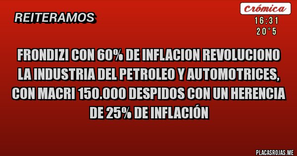 Placas Rojas - FRONDIZI CON 60% DE INFLACION REVOLUCIONO LA INDUSTRIA DEL PETROLEO Y AUTOMOTRICES, CON MACRI 150.000 DESPIDOS CON UN HERENCIA DE 25% DE INFLACIÓN 