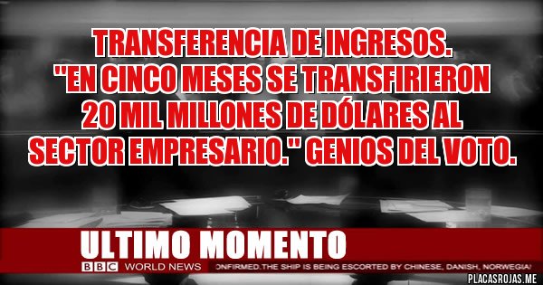 Placas Rojas - Transferencia de ingresos.
''En cinco meses se transfirieron
20 mil millones de dólares al
sector empresario.'' GENIOS DEL VOTO. Placas Rojas - Transferencia de ingresos.
''En cinco meses se transfirieron
20 mil millones de dólares al
sector empresario.'' GENIOS DEL VOTO.