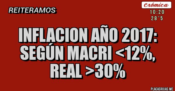 Placas Rojas - INFLACION AÑO 2017: SEGÚN MACRI <12%, REAL >30% 