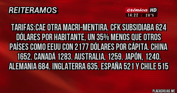Placas Rojas - Tarifas:Cae otra Macri-Mentira. CFK subsidiaba 624 dólares por habitante, un 35% menos que otros países como EEUU con 2177 dólares por cápita. China 1652. Canadá 1283. Australia, 1259. Japón, 1240. Alemania 684. Inglaterra 635. España 521 y Chile 515