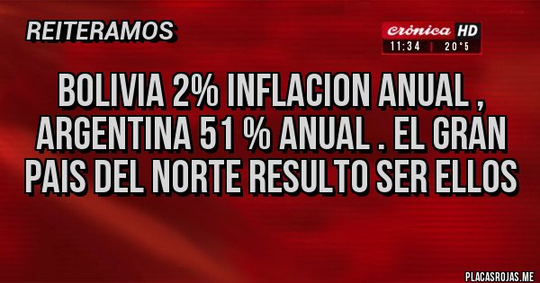 Placas Rojas - Bolivia 2% inflacion anual , Argentina 51 % anual . El gran pais del norte resulto ser ellos