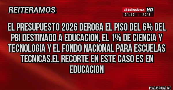 Placas Rojas - EL PRESUPUESTO 2026 DEROGA EL PISO DEL 6% DEL PBI DESTINADO A EDUCACION, EL 1% DE CIENCIA Y TECNOLOGIA Y EL FONDO NACIONAL PARA ESCUELAS TECNICAS.EL RECORTE EN ESTE CASO ES EN EDUCACION