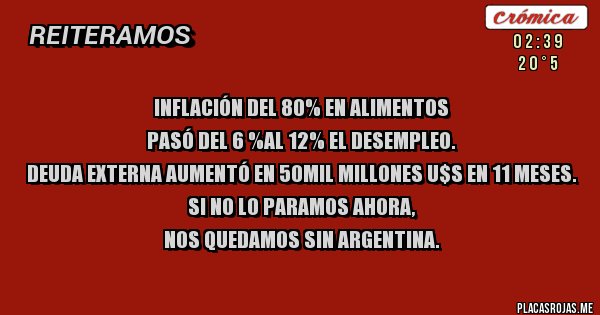 Placas Rojas - Inflación del 80% en alimentos
Pasó del 6 %al 12% el desempleo.
Deuda externa aumentó en 50mil millones u$s en 11 meses.
Si no lo paramos ahora,
Nos quedamos sin Argentina.
