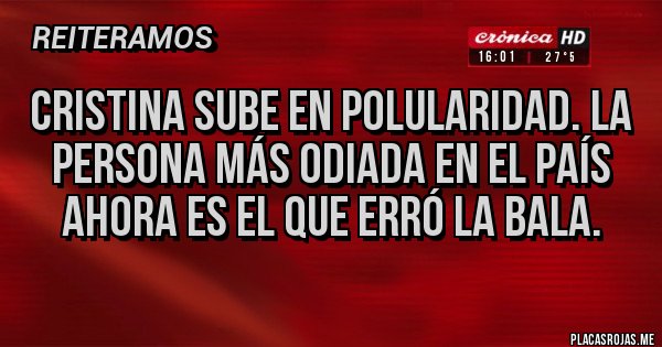 Placas Rojas - Cristina sube en polularidad. La persona más odiada en el país ahora es el que erró la bala. Placas Rojas - Cristina sube en polularidad. La persona más odiada en el país ahora es el que erró la bala.