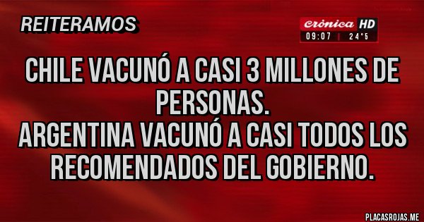Placas Rojas - Chile vacunó a casi 3 millones de personas.
Argentina vacunó a casi todos los recomendados del gobierno.