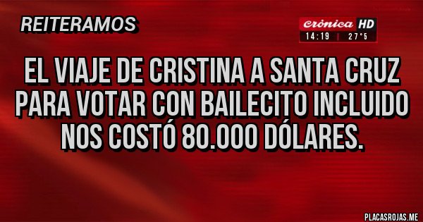 Placas Rojas - El viaje de Cristina a Santa Cruz para votar con bailecito incluido nos costó 80.000 dólares.