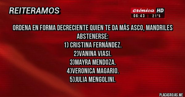 Placas Rojas - Ordena en forma decreciente quien te da más asco, mandriles abstenerse:
1) Cristina Fernández.
2)vanina viasi.
3)Mayra Mendoza.
4)veronica magario.
5)julia mengolini.