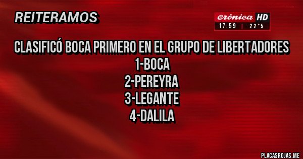 Placas Rojas - Clasificó boca primero en el grupo de libertadores
1-boca
2-pereyra
3-legante
4-dalila