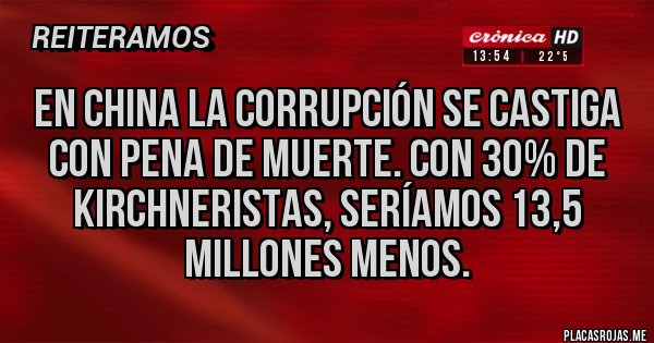 Placas Rojas - En China la corrupción se castiga con pena de muerte. Con 30% de kirchneristas, seríamos 13,5 millones menos.