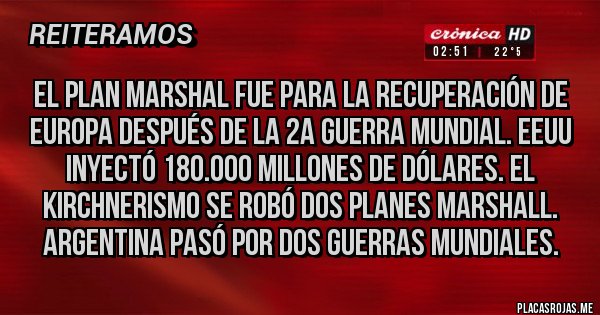 Placas Rojas - El plan marshal fue para la recuperación de Europa después de la 2a guerra mundial. EEUU inyectó 180.000 millones de dólares. El kirchnerismo se robó dos planes marshall. Argentina pasó por dos guerras mundiales.