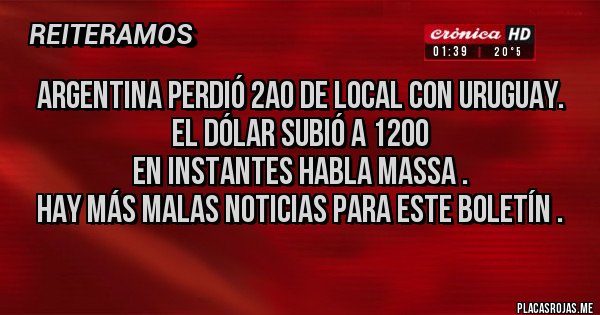 Placas Rojas - Argentina perdió 2a0 de local con Uruguay.
El dólar subió a 1200
En instantes habla Massa .
Hay más malas noticias para este boletín .
