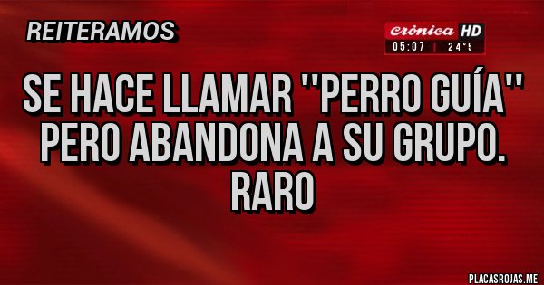 Placas Rojas - Se hace llamar ''PERRO GUÍA''
Pero abandona a su grupo. Raro Placas Rojas - Se hace llamar ''PERRO GUÍA''
Pero abandona a su grupo. Raro