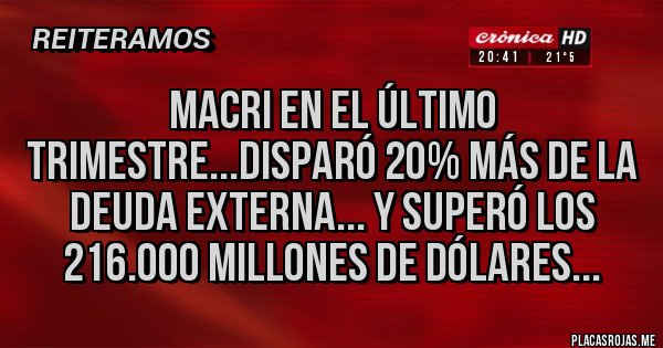 Placas Rojas - Macri en el último trimestre...disparó 20% más de la deuda externa... y superó los  216.000 millones de dólares...