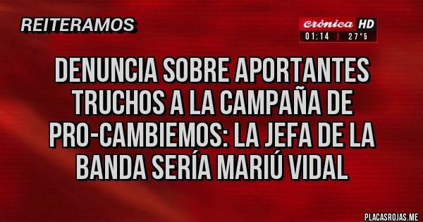 Placas Rojas - Denuncia sobre Aportantes truchos a la Campaña de PRO-Cambiemos: la Jefa de la Banda sería Mariú Vidal
