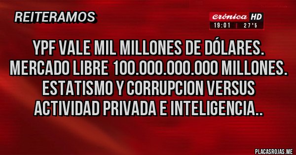 Placas Rojas - YPF VALE MIL MILLONES DE DÓLARES.
MERCADO LIBRE 100.000.000.000 MILLONES. ESTATISMO Y CORRUPCION VERSUS ACTIVIDAD PRIVADA E INTELIGENCIA..