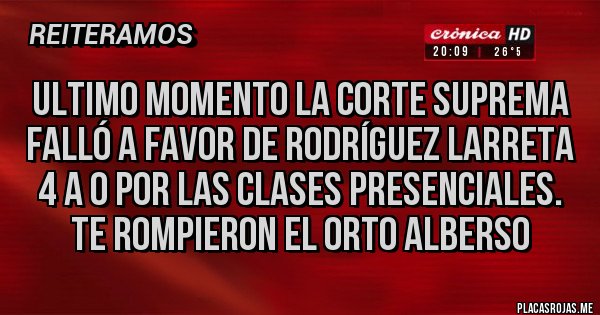 Placas Rojas - Ultimo momento La Corte Suprema falló a favor de Rodríguez Larreta 4 a 0 por las clases presenciales. Te rompieron el orto Alberso 