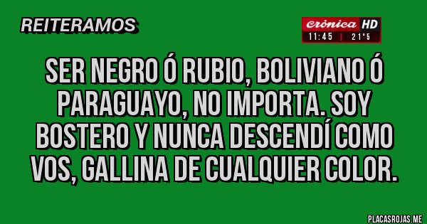 Placas Rojas - Ser negro ó rubio, boliviano ó paraguayo, no importa. SOY BOSTERO y nunca Descendí como vos, gallina de cualquier color.