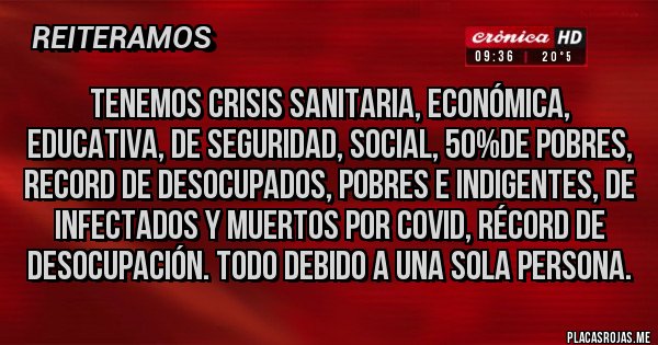 Placas Rojas - Tenemos crisis sanitaria, económica, educativa, de seguridad, social, 50%de pobres, record de desocupados, pobres e indigentes, de infectados y muertos por COVID, récord de desocupación. Todo debido a una sola persona.