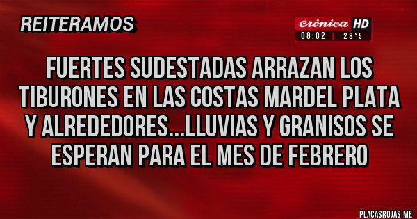 Placas Rojas - FUERTES SUDESTADAS ARRAZAN LOS TIBURONES EN LAS COSTAS MARDEL PLATA Y ALREDEDORES...LLUVIAS Y GRANISOS SE ESPERAN PARA EL MES DE FEBRERO