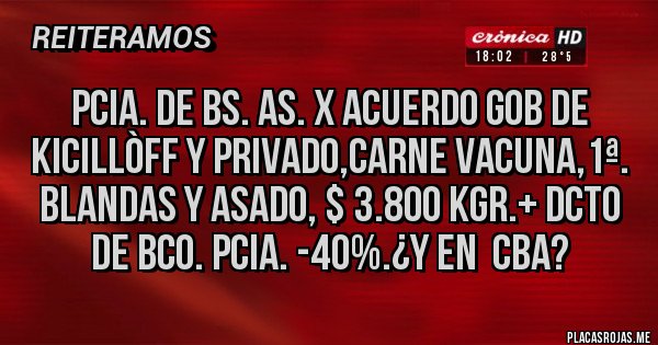 Placas Rojas - Pcia. de Bs. As. x Acuerdo Gob de Kicillòff y Privado,Carne Vacuna,1ª. Blandas y Asado, $ 3.800 Kgr.+ Dcto de Bco. Pcia. -40%.¿Y en  CBA? 