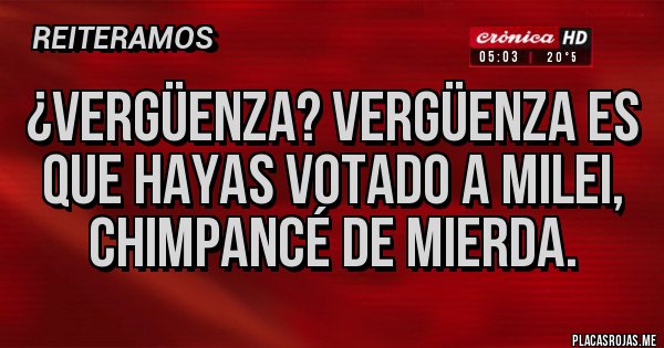 Placas Rojas - ¿Vergüenza? Vergüenza es que hayas votado a milei, chimpancé de mierda.