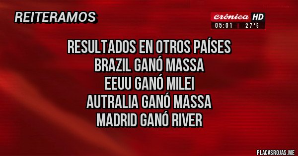 Placas Rojas - Resultados en otros países
Brazil ganó Massa
EEUU ganó Milei
Autralia ganó Massa
Madrid ganó River Placas Rojas - Resultados en otros países
Brazil ganó Massa
EEUU ganó Milei
Autralia ganó Massa
Madrid ganó River