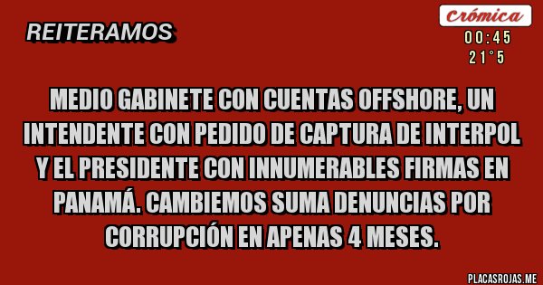 Placas Rojas - Medio gabinete con cuentas offshore, un Intendente con pedido de captura de Interpol y el Presidente con innumerables firmas en Panamá. Cambiemos suma denuncias por corrupción en apenas 4 meses.