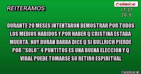 Placas Rojas - Durante 20 meses intentaron demostrar por todos los medios habidos y por haber q Cristina estaba muerta. Hoy Durán Barba dice q si Bullrich pierde por ''solo'' 4 puntitos es una buena elección y q Vidal puede tomarse su retiro espiritual