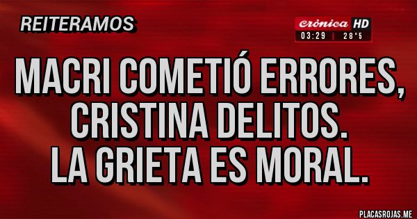 Placas Rojas - Macri cometió errores,
Cristina delitos.
La grieta es Moral.