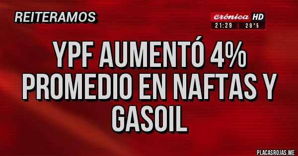 Placas Rojas - YPF aumentó 4% promedio en naftas y gasoil