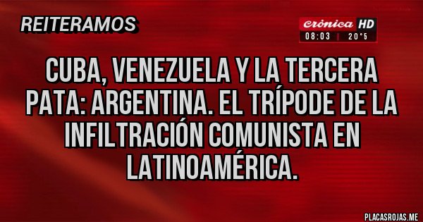 Placas Rojas - Cuba, Venezuela y la tercera pata: argentina. El trípode de la infiltración comunista en Latinoamérica. Placas Rojas - Cuba, Venezuela y la tercera pata: argentina. El trípode de la infiltración comunista en Latinoamérica.