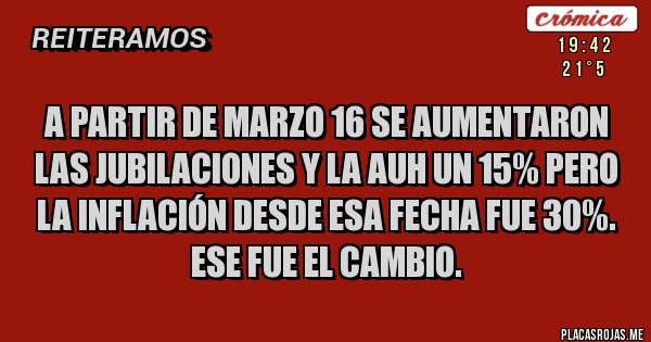 Placas Rojas - A partir de marzo 16 se aumentaron las jubilaciones y la auh un 15% pero la inflación desde esa fecha fue 30%. Ese fue el cambio.