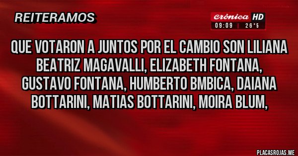 Placas Rojas - que votaron a juntos por el cambio son liliana beatriz magavalli, elizabeth fontana, gustavo fontana, humberto bmbica, daiana bottarini, matias bottarini, moira blum, 