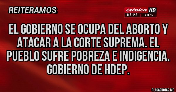Placas Rojas - El gobierno se ocupa del aborto y atacar a la corte suprema. El pueblo sufre pobreza e indigencia. Gobierno de hdep.