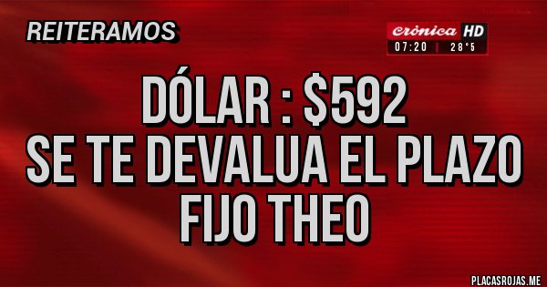 Placas Rojas - Dólar : $592
Se te devalua el plazo fijo theo