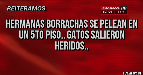 Placas Rojas - Hermanas borrachas se pelean en un 5to piso.. gatos salieron heridos..
Placas Rojas - Hermanas borrachas se pelean en un 5to piso.. gatos salieron heridos..