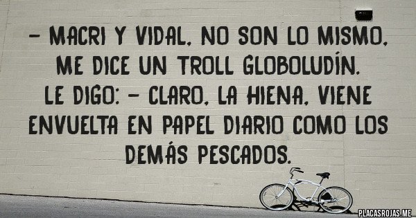 Placas Rojas - - Macri y Vidal, no son lo mismo, me dice un troll globoludín.
Le digo: - Claro, la hiena, viene envuelta en papel diario como los demás pescados.