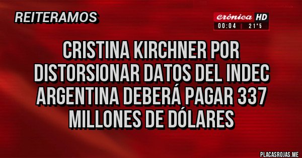 Placas Rojas - Cristina Kirchner por distorsionar datos del INDEC Argentina deberá pagar 337 millones de dólares
