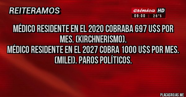 Placas Rojas - Médico residente en el 2020 cobraba 697 u$s por mes. (Kirchnerismo).
Médico residente en el 2027 cobra 1000 u$s por mes.
(Milei). Paros políticos.
